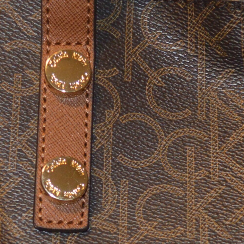 Calvin Klein Signature Pattern Convertible Tote Brown Magnetic Closure - Picture 7 of 8